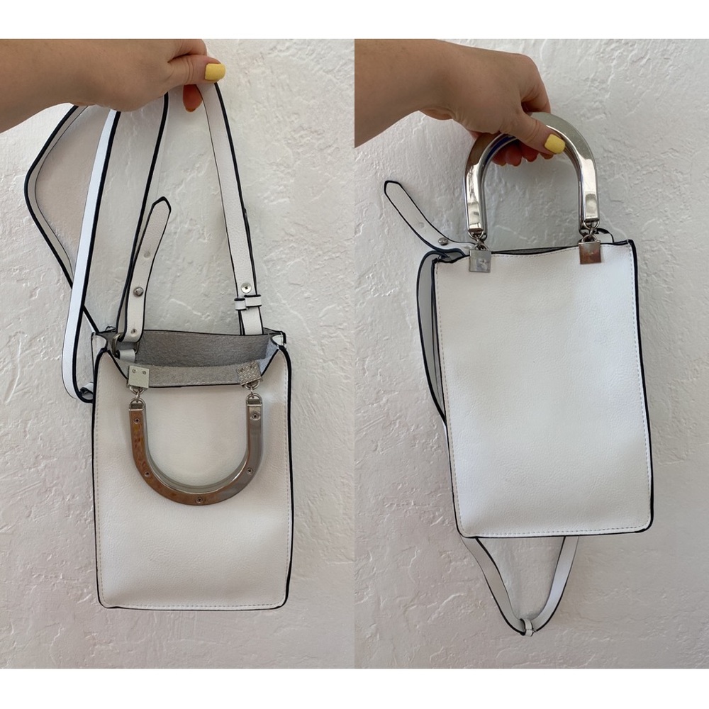 Zara mini tote white leather metallic handles crossbody bag